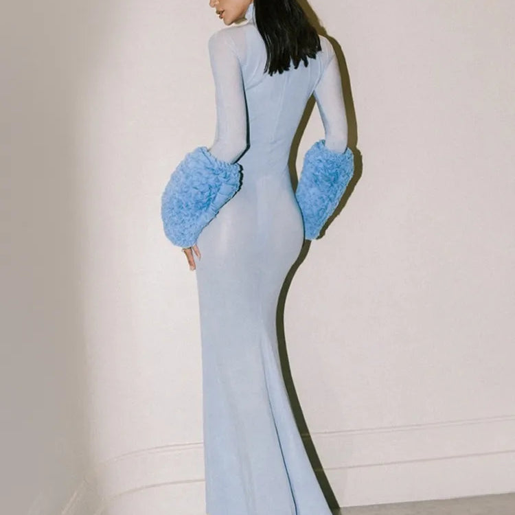 New Women Celebrity Sexy Long Sleeve Mesh Sky Blue Maxi Long Bodycon Dress 2024 Elegant Evening Club Party Outfit