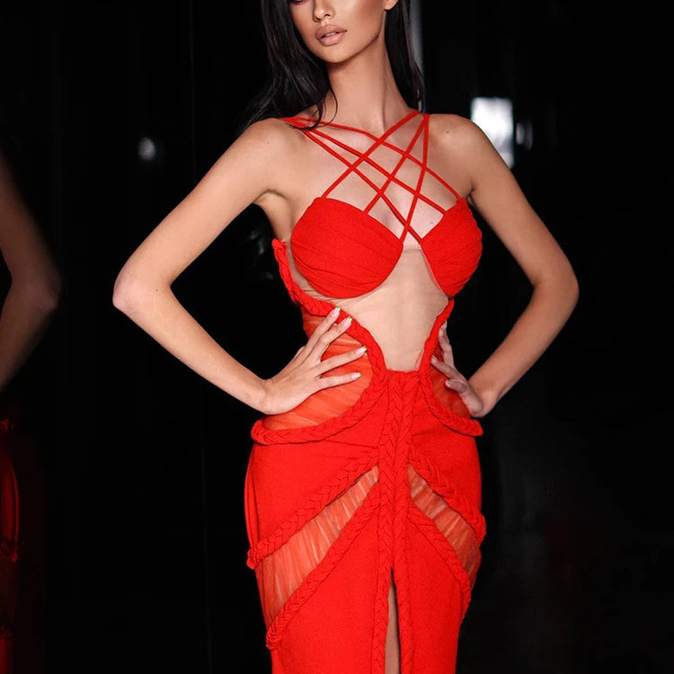 Mermaid Dress For Women Sexy Hollow Out See Through Braided Rope High Slit Long Evening Party Dress Vestido