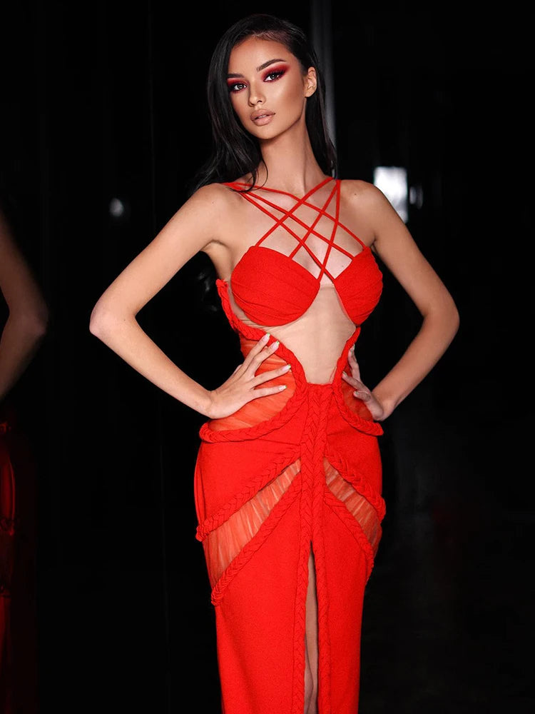 Mermaid Dress For Women Sexy Hollow Out See Through Braided Rope High Slit Long Evening Party Dress Vestido