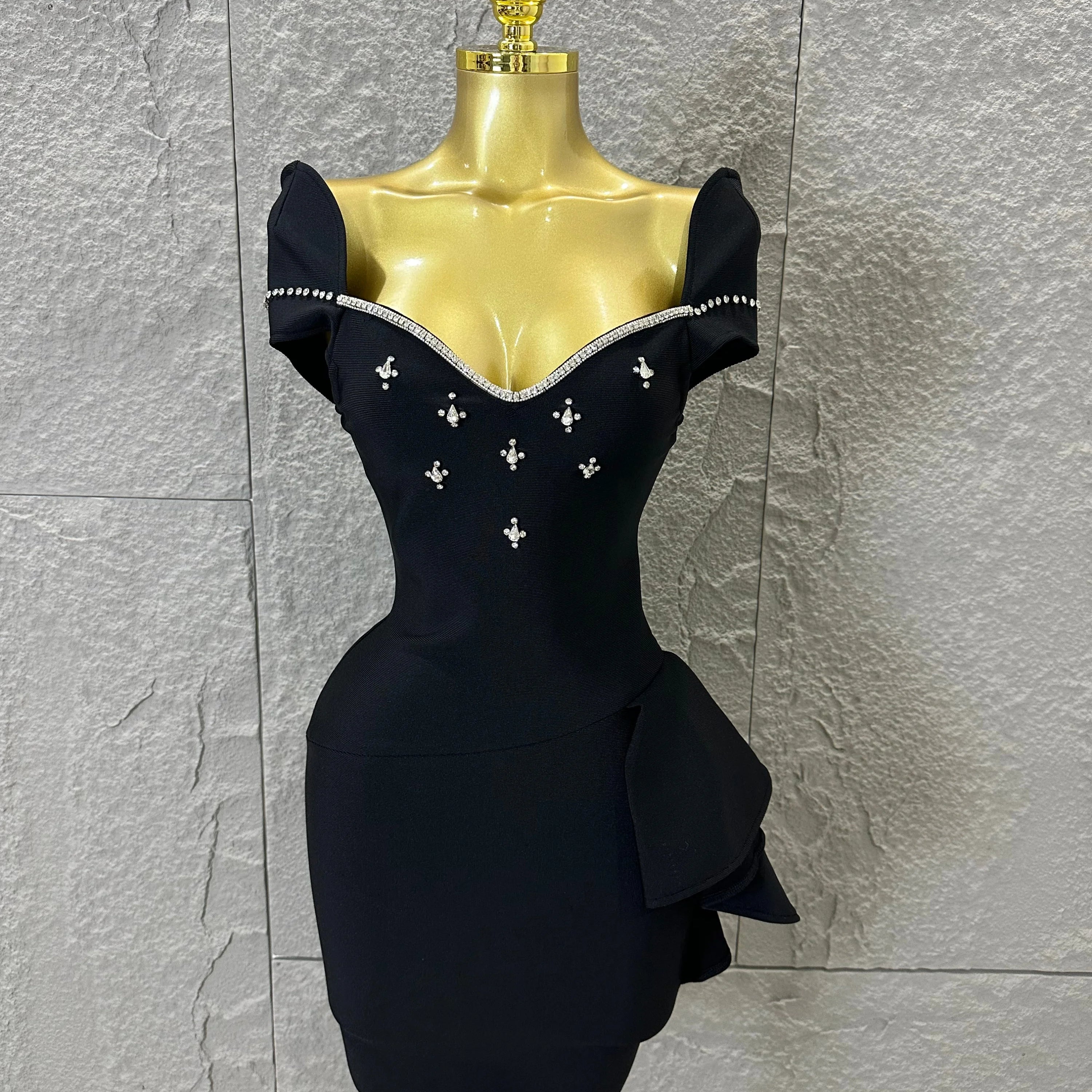 Elegant Black Red Off-Shoulder Mini Dress Women Sexy Crystal Embellished Ruffle Waist Bodycon Outfit Formal Event Party Costume black