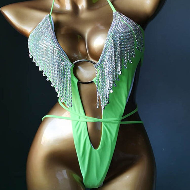 Swimwear Bikini 2024 Women Swimsuit One Piece - Shiny Crystal Rhinestone Hollow Out Summer Beach Swimming Bathing Suit Green 1