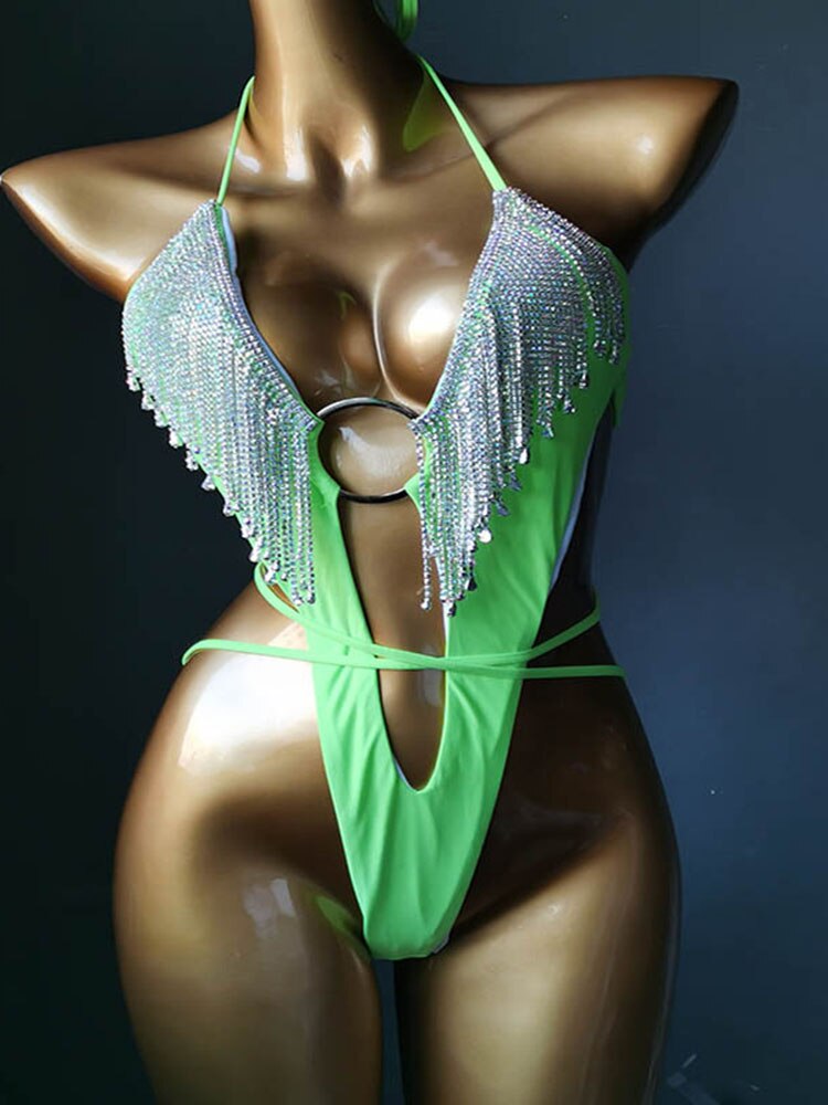 Swimwear Bikini 2024 Women Swimsuit One Piece - Shiny Crystal Rhinestone Hollow Out Summer Beach Swimming Bathing Suit Green 1