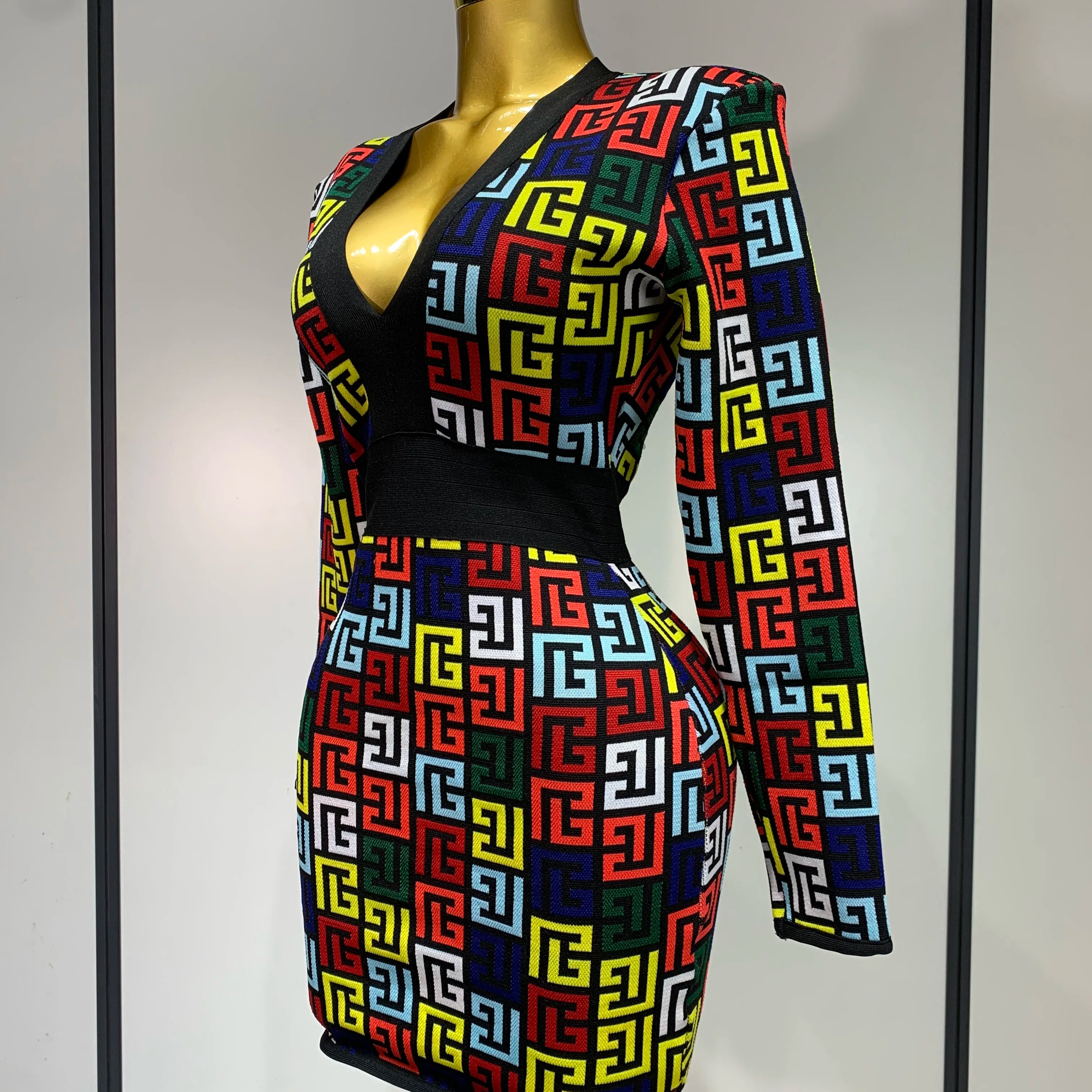 Women Long Sleeve V-Neck Bodycon Jacquard Short Bandage Dress 2025 Elegant Evening Luxury Birthday Party Cocktail Outfit