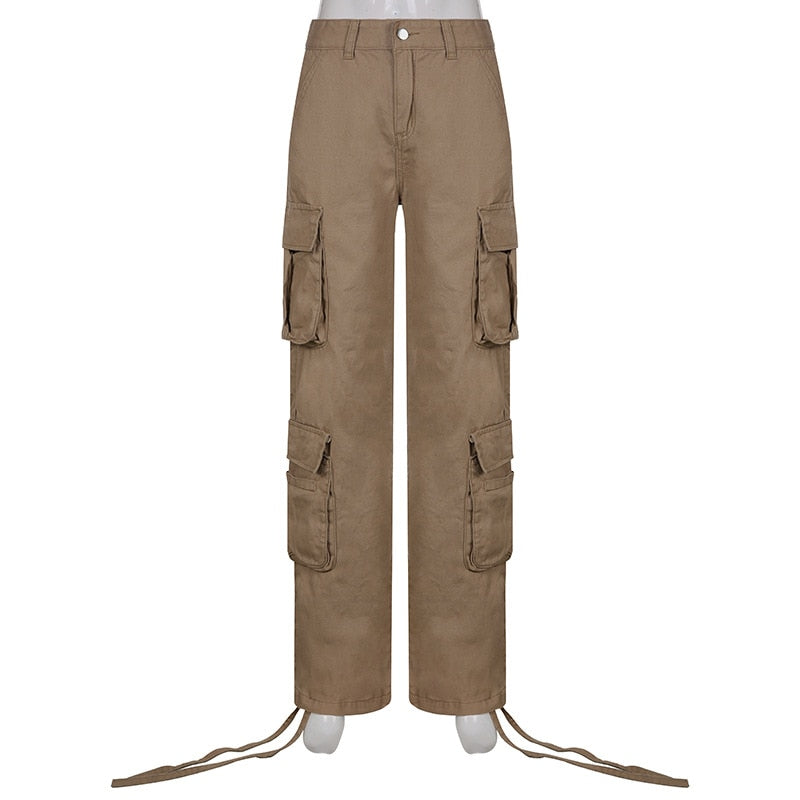 PASSIONNÉ Trousers for Women High Waist Pockets Lace-up Wide Leg Pants Female Vintage Streetwear Style 2024 Fashion New Khaki