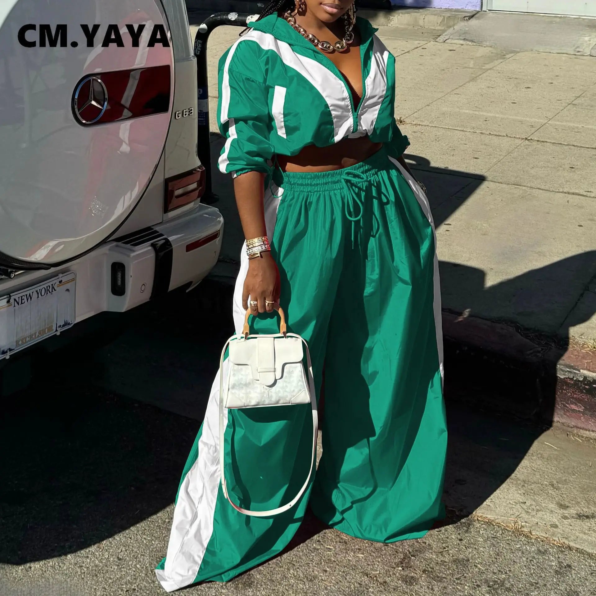 CM.YAYA Active Patchwork Women's Set Zipper Sweatshirt Jacket and Wide Leg Pants Suit 2025 INS Two 2 Piece Sets Outfit Tracksuit