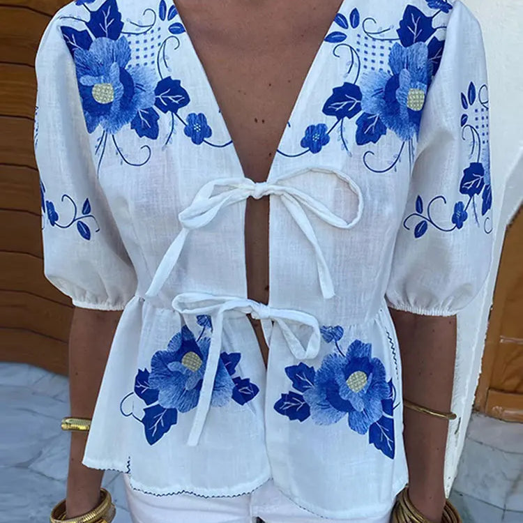 Elegant Flower Print Short Puff Sleeve Shirt Women Fashion Loose V Neck Lace Up Ruffles Blouse Spring Summer Female Streetwear print 01