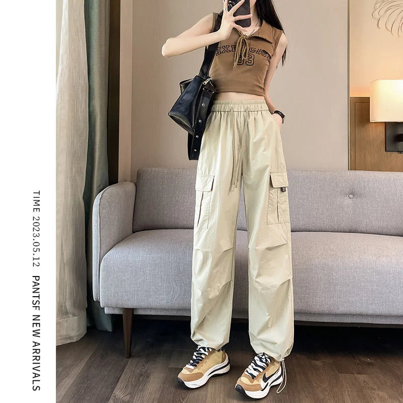 Vintage Retro Solid Women Cargo Pants Quick Dry Spring Summer Elastic Waist Casual Streetwear Straight Trousers apricot