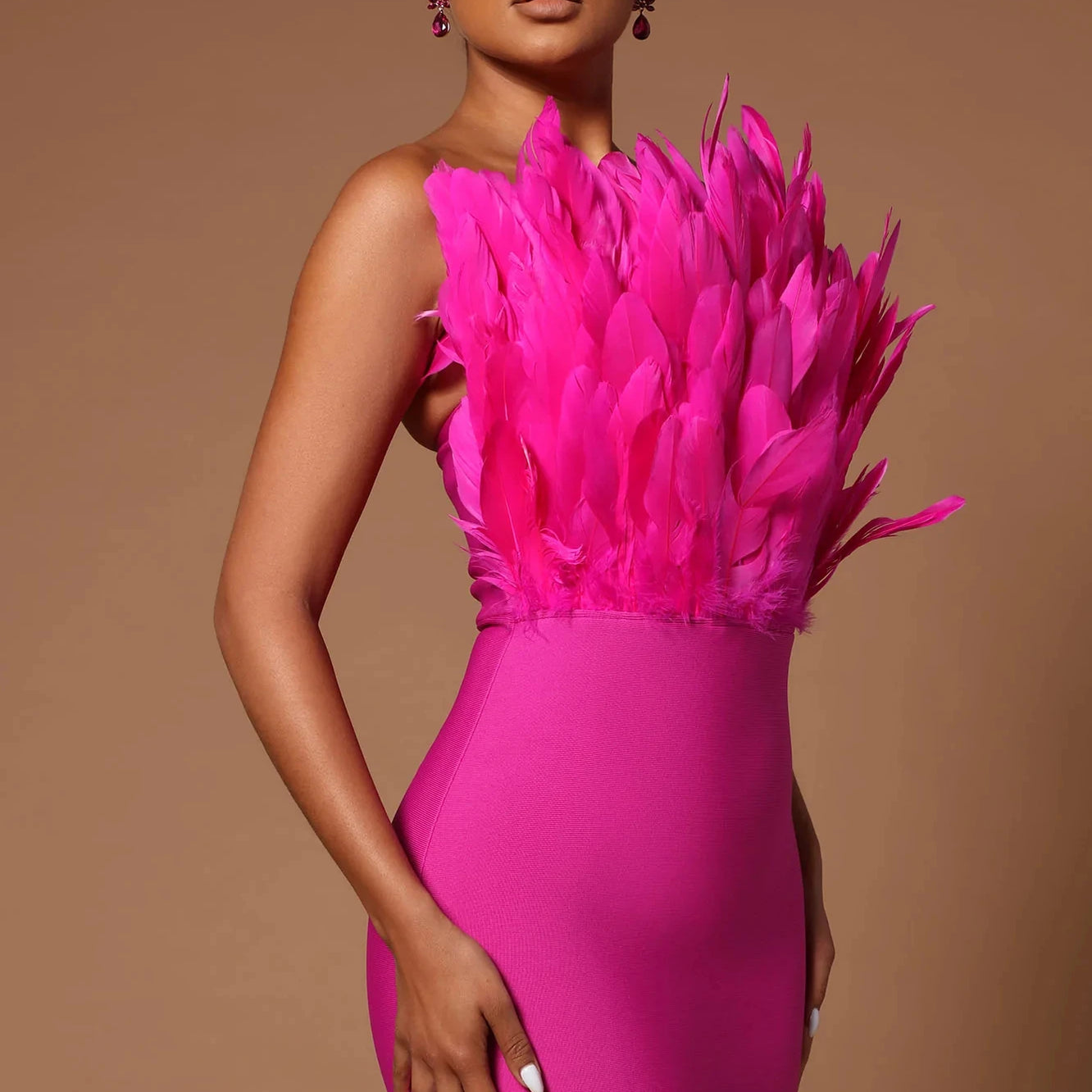 Brown Rosered Women Sexy Feathers Off the Shoulder Bodycon Mid-calf Dress Rayon Bandage Birthday Party Costume