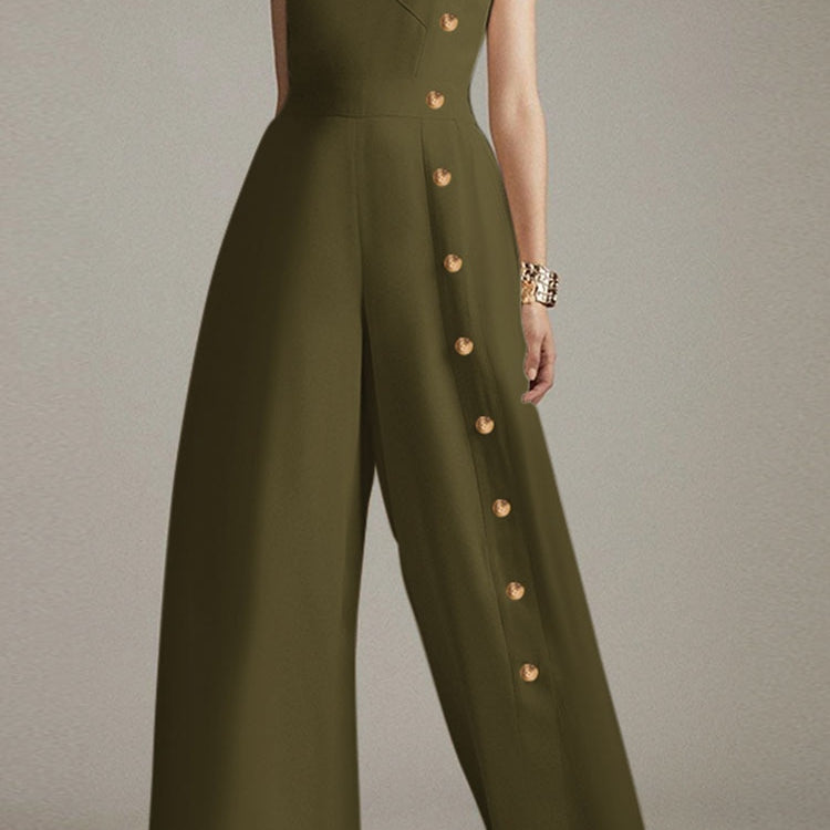ZANZEA Wide Leg Pant Buttons Split Jumpsuits 2024 Summer Casual Fashion Sleeveless Long Rompers Women V Neck Wasited Playsuits
