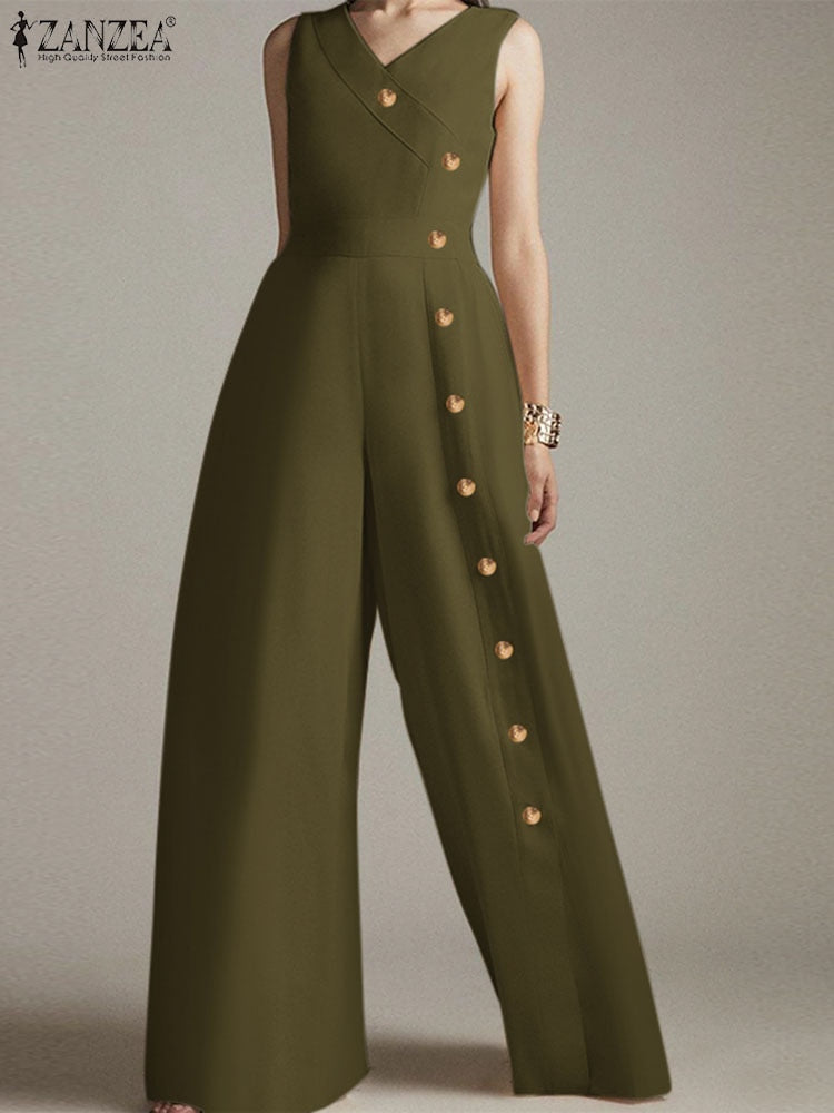 ZANZEA Wide Leg Pant Buttons Split Jumpsuits 2024 Summer Casual Fashion Sleeveless Long Rompers Women V Neck Wasited Playsuits