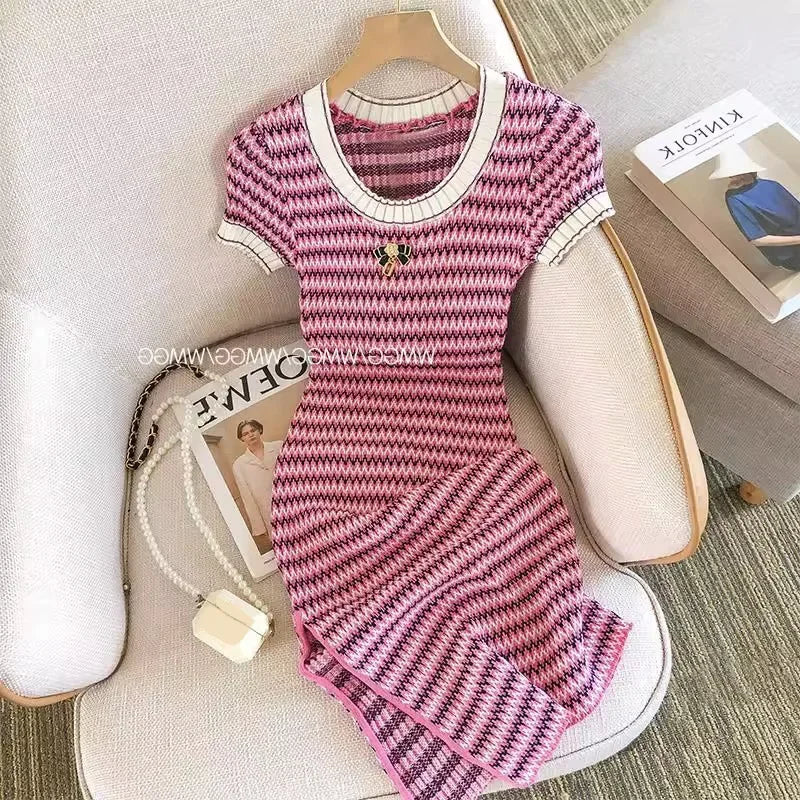 Women Short Sleeve Round Neck Striped Luxury Sheath Mini Dresses Summer Patchwork High Waist Slim Fit Knitting Dress Short sleeves