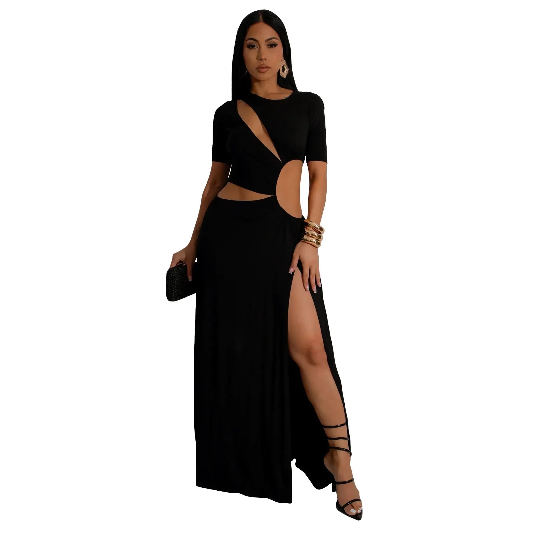 Women O-neck High Split Ruched Bodycon Midi Maxi Dress 2024 Fall Street Evening Party Club Vestidos Sexy Long Dresses Black