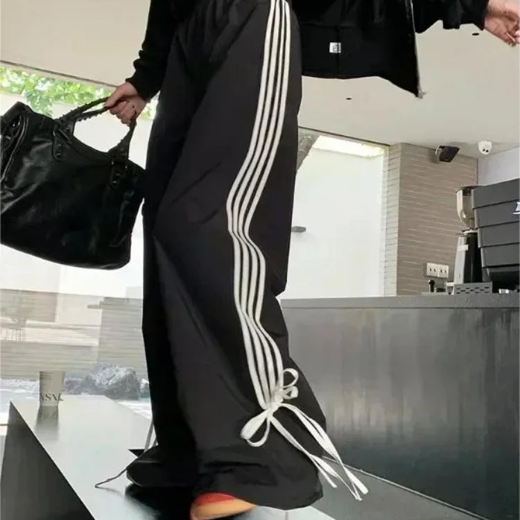 HOUZHOU Black Stripe Women's Sport Sweatpants Wide Oversized Harajuku Casual Joggers Parachute Pants Spring Korean Fashion 2024