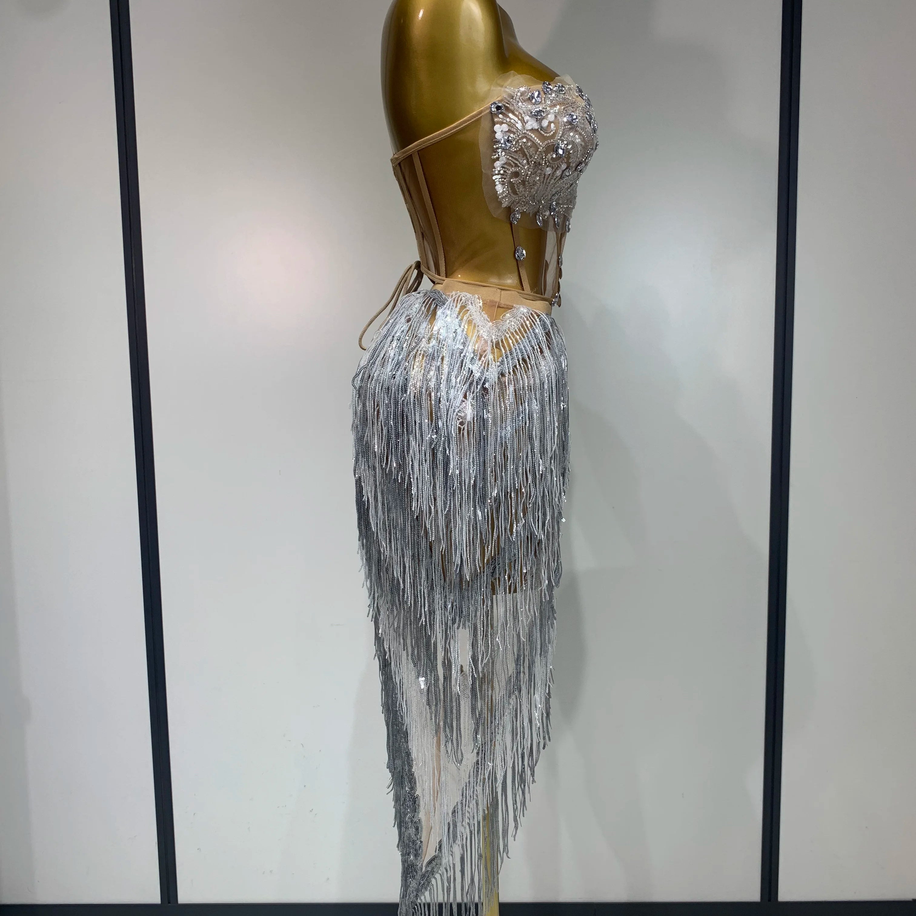 Women Sexy Singer Dancer Performan Costume Nightclub Bar Girl Sparkly Diamond Tassel Two Piece Set Evening Party Birthday Outfit