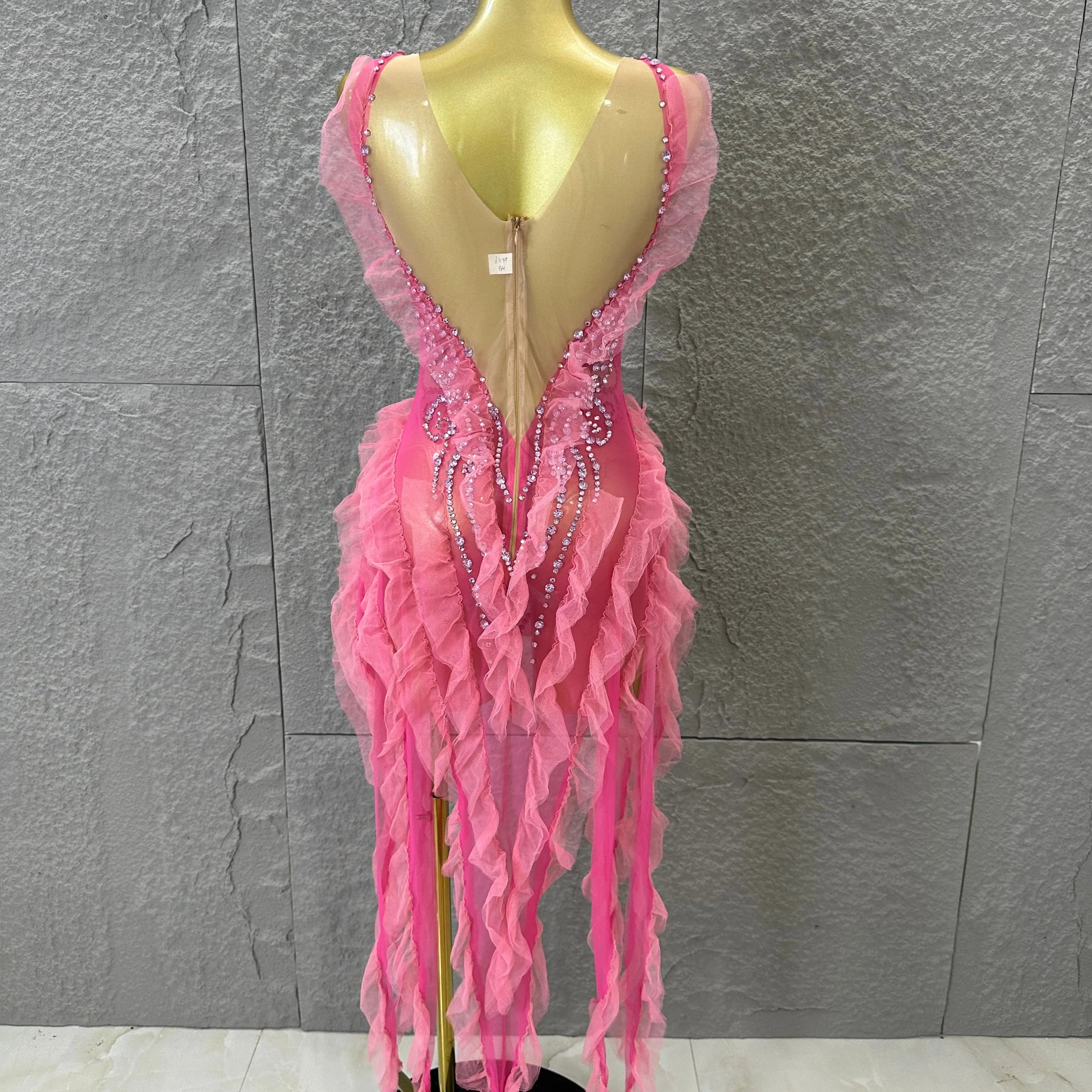 Women Sheer Mesh Rhinestone Ruffle Embellished Latin Dance Performance Costume Elegant Pink Spaghetti Strap Mini Dress
