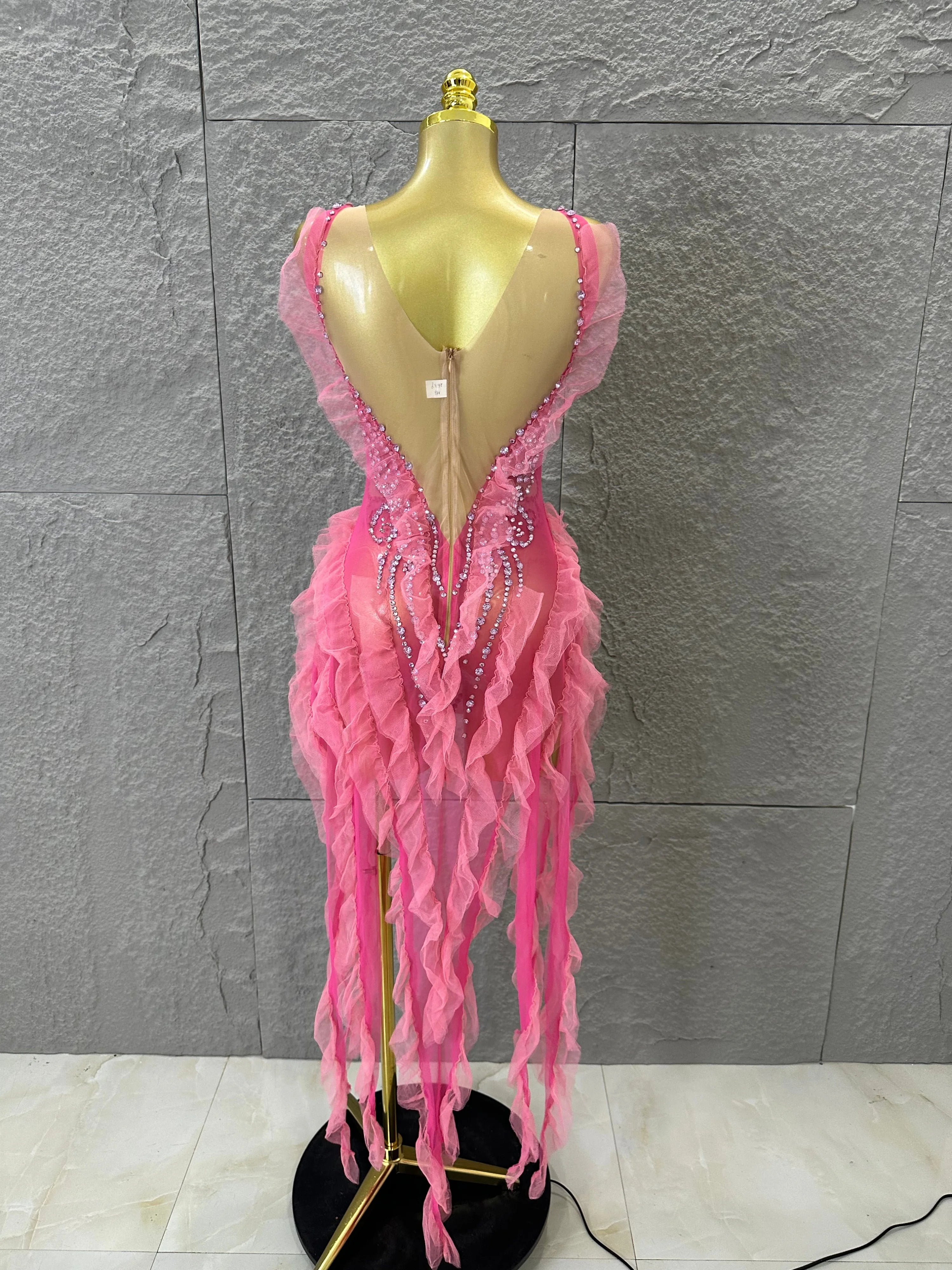 Women Sheer Mesh Rhinestone Ruffle Embellished Latin Dance Performance Costume Elegant Pink Spaghetti Strap Mini Dress