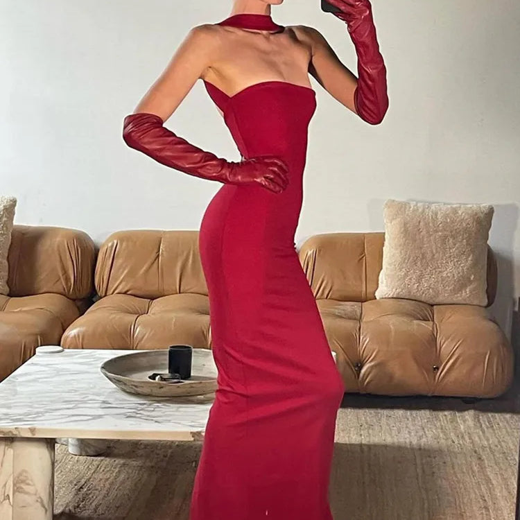 Women Celebrity Sexy Backless Halter Red White Maxi Long Summer Bandage Bodycon Dress 2025 Elegant Evening Club Party Outfit