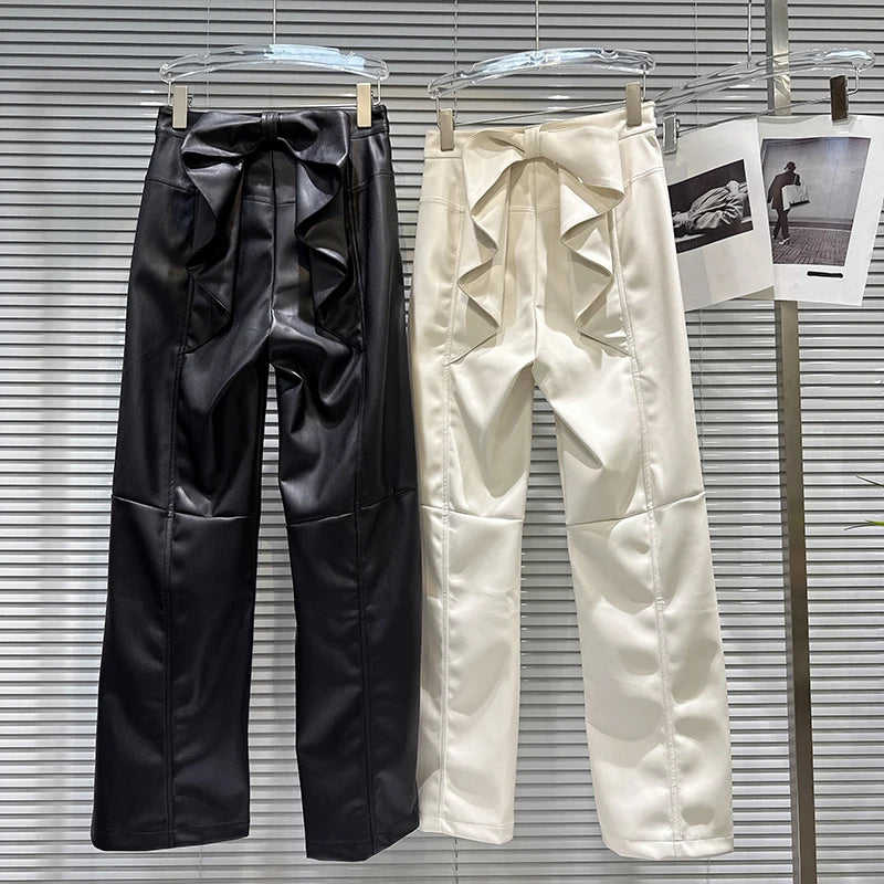 Winter New Trendy Fashion Back Waist Three-Dimensional Bow PU Leather Pants For Women Straight Casual Pants
