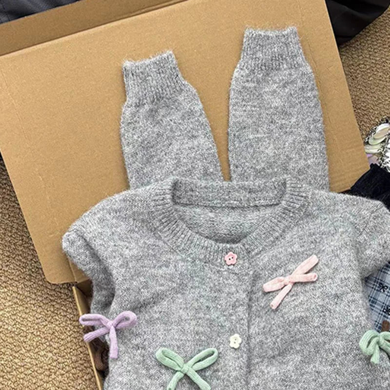 Autumn Winter New Sweet Bowknot Knitted Cardigan For Women Versatile Single-breasted Sweater Coat Trendy 11A07914
