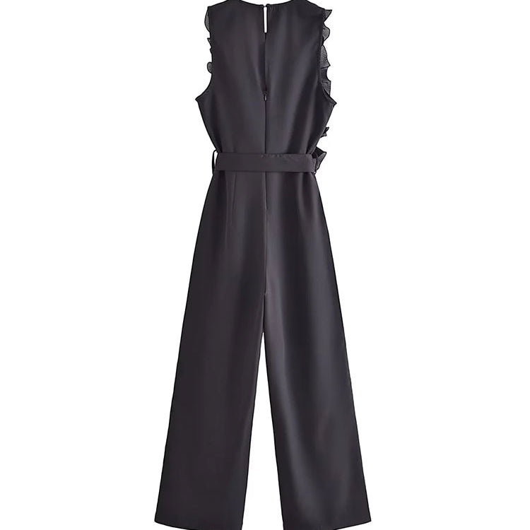 TRAF 2024 New Summer Women Elegant Solid Ruffle Sexy White Jumpsuits Fashion Long Jumpsuit with Belt