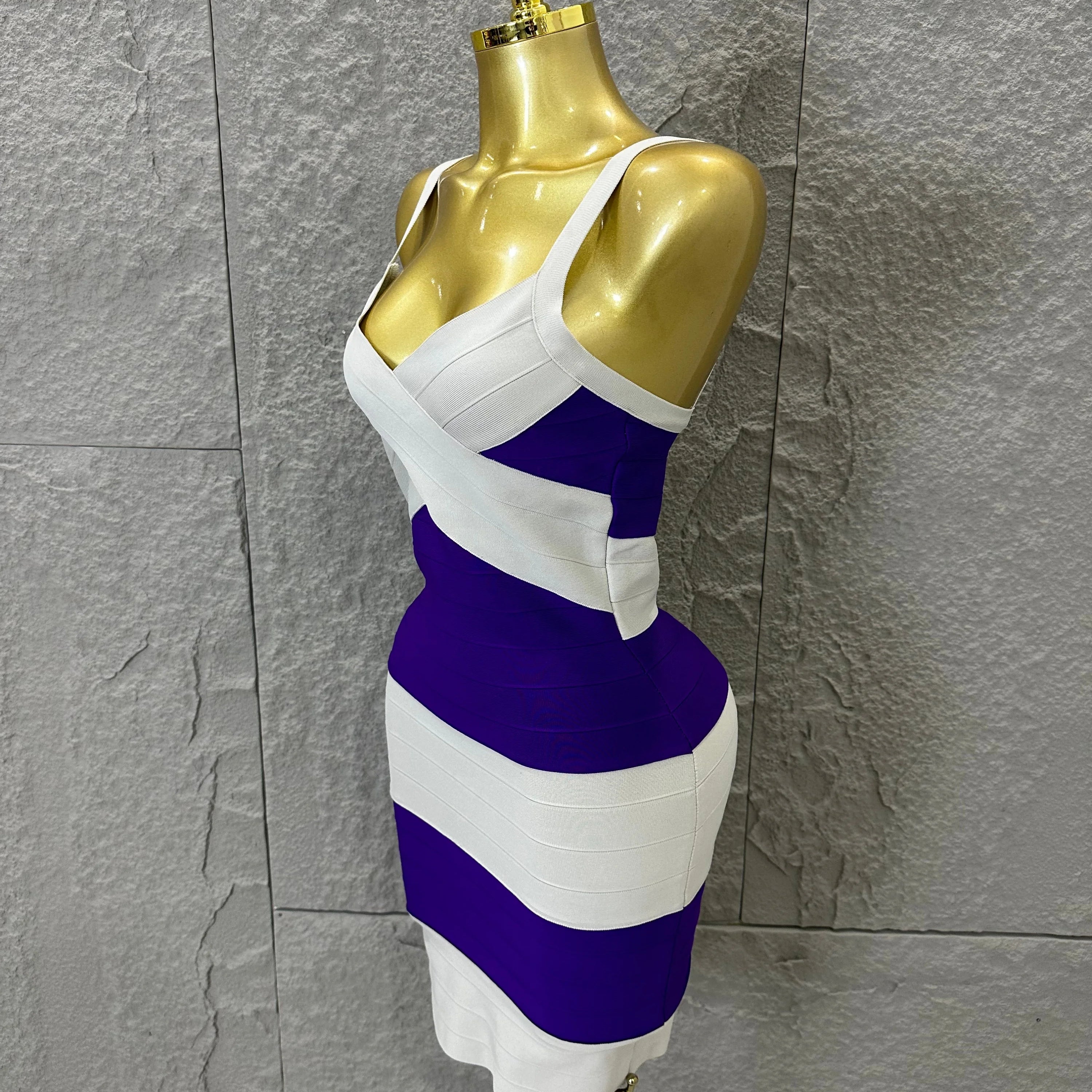 Chic Purple White Striped Bandage Dress Women Sleeveless Sweetheart Neck Bodycon Formal Office Casual Event Wear