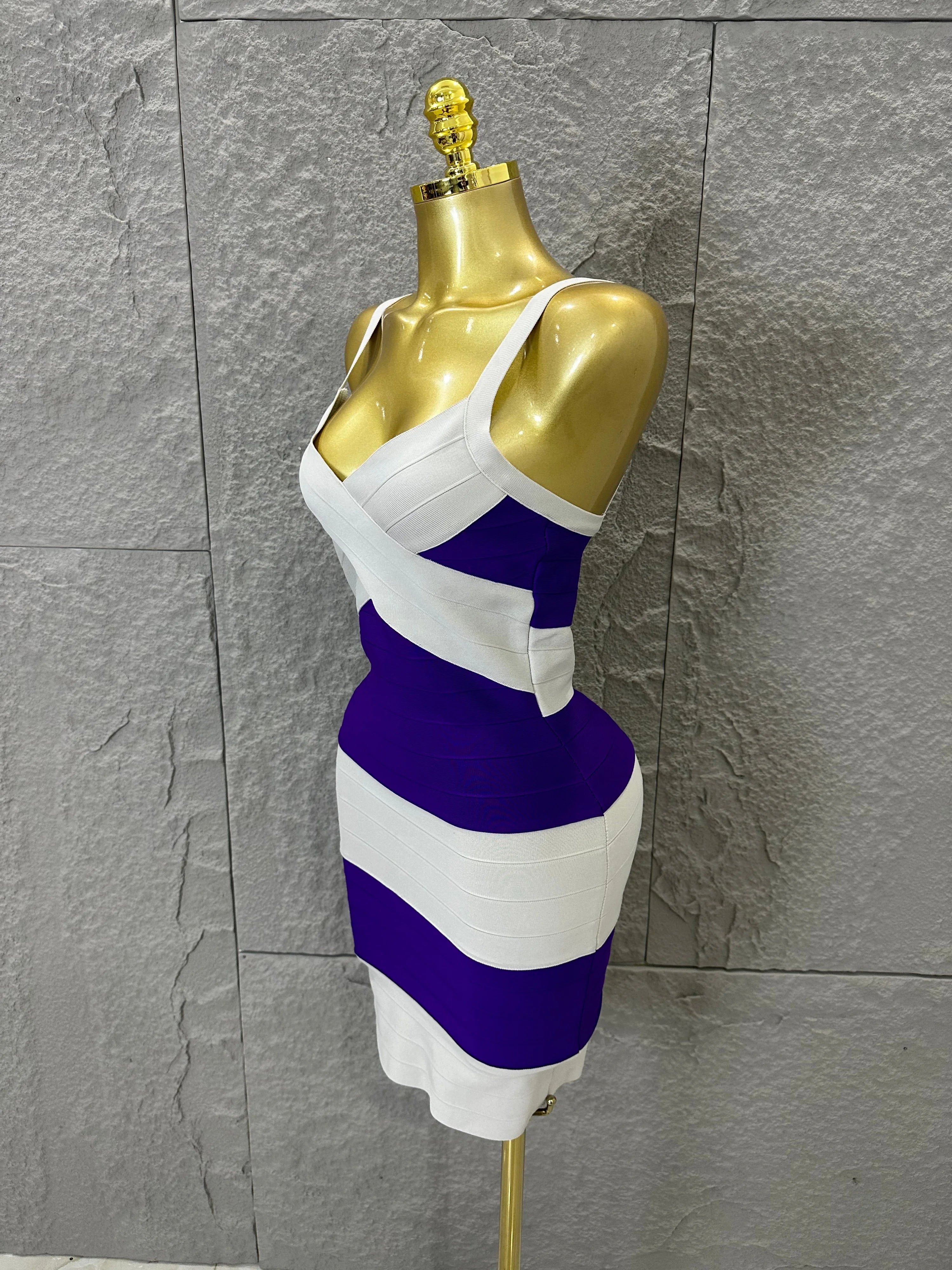 Chic Purple White Striped Bandage Dress Women Sleeveless Sweetheart Neck Bodycon Formal Office Casual Event Wear