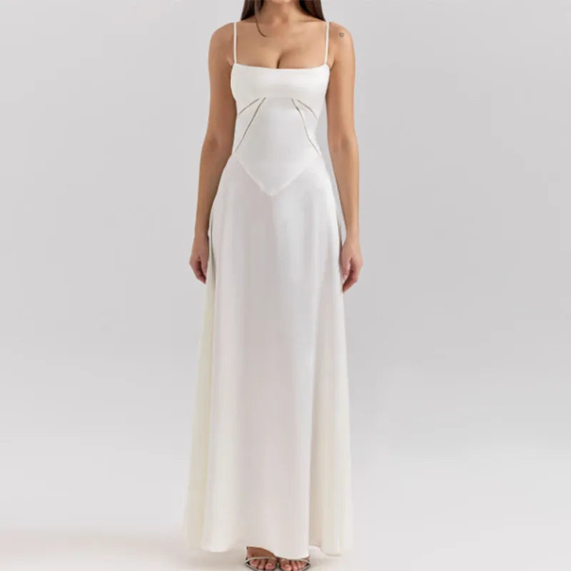 Elegant V Neck Pleating Yellow Maxi Dress For Women Fashion Cut Out Slim Fit High Waist Robes New Summer Holiday Beach Dresses Ivory