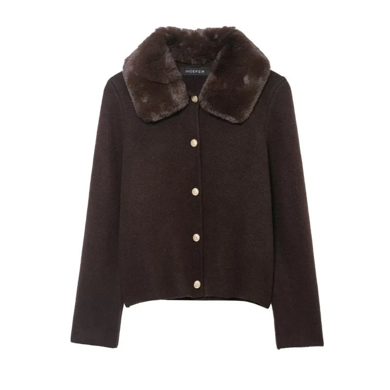 Autumn Winter Women Cardigan with Faux Fur Collar Casual Pocket Button Women's Coat Fashion Female Sweater Chic Elegant Tops