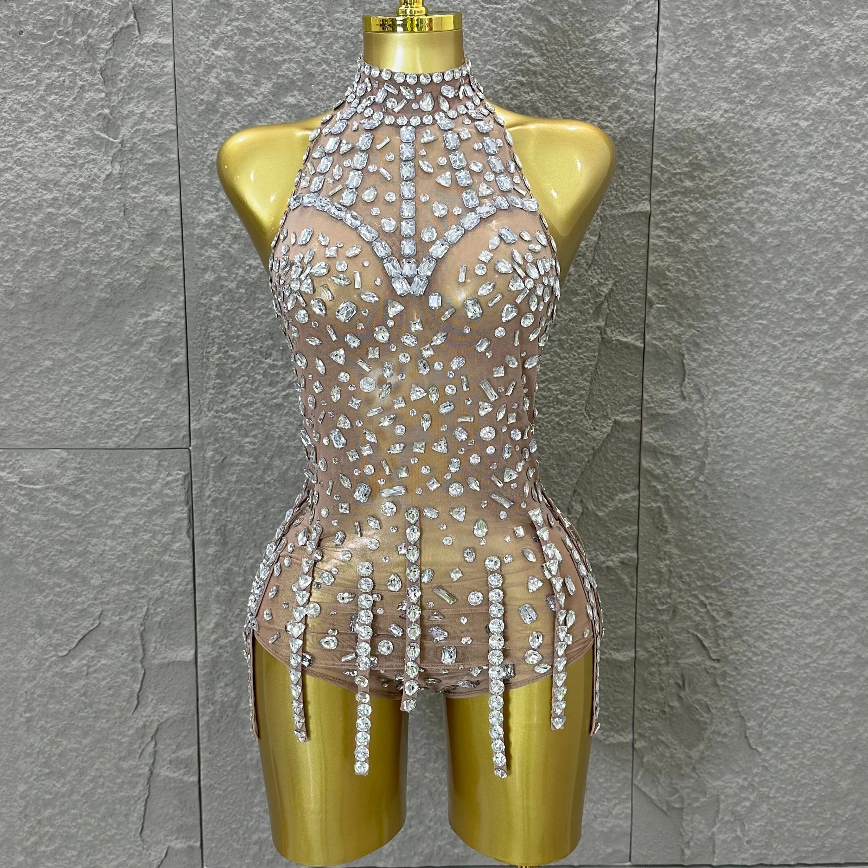Pink Nude Sleeveless Bodysuit Women Sheer Mesh Crystal Rhinestone Embellished Formal Event Performance Costume Silver