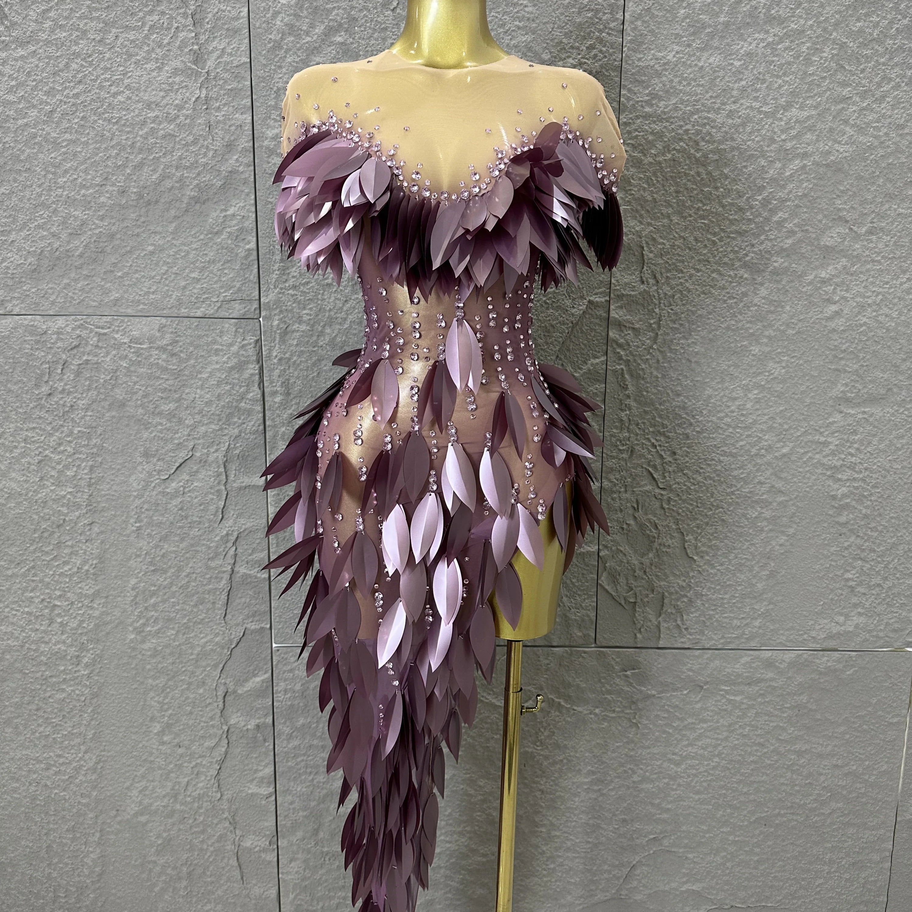 Sparkly 2026 Purple Sheer Mesh Dress Women Sexy Illusion Neck Rhinestone 3D Leaf Fringe Bodycon Evening Gala Nightclub Outfit PURPLE