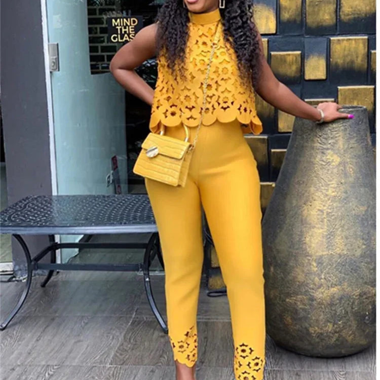 Wmstar Women Two Piece Set Plus Size Summer Fashion Sleeveless Casual Outfits Solid Color Holiday Long Pants Office Streetwear Burgundy