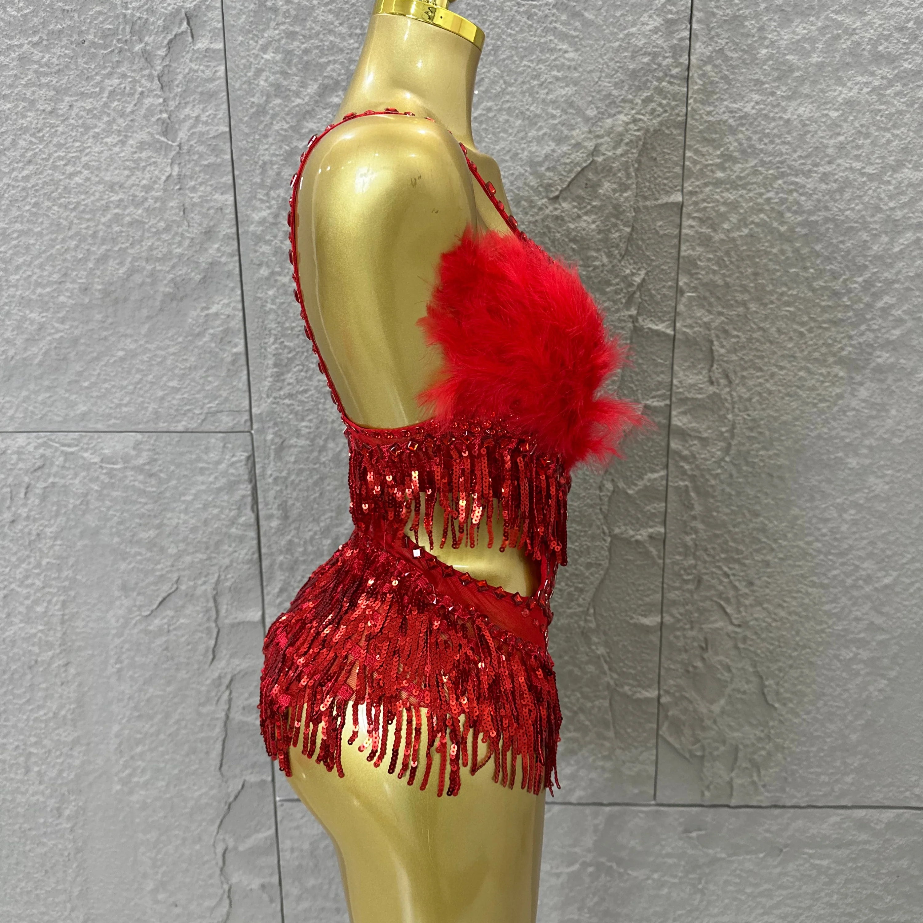 Luxurious Sheer Mesh Bodysuit Women Sexy Crystal Embellished Feather Fringe Trim Spaghetti Strap Outfit Stage Performance Outfit