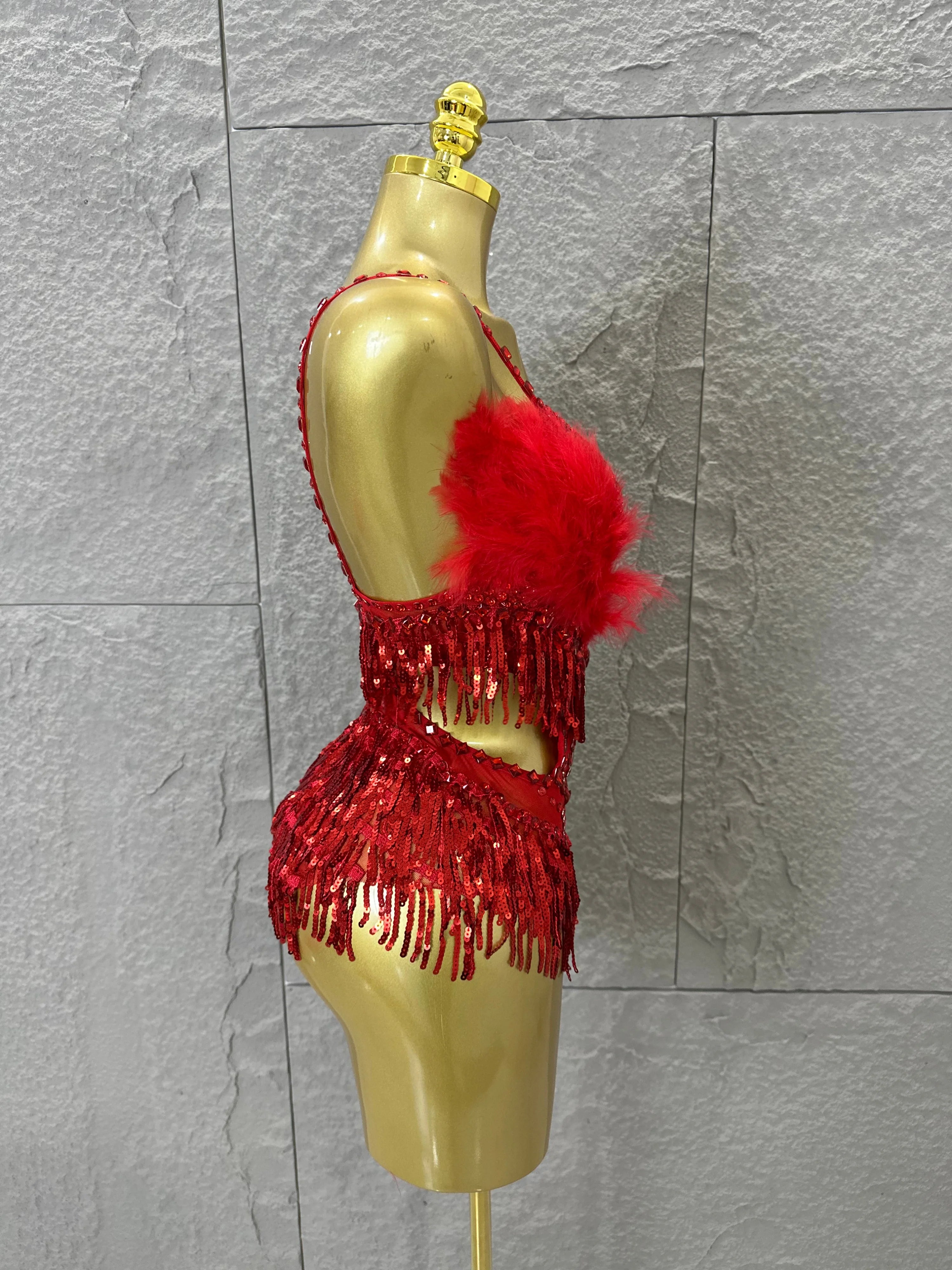 Luxurious Sheer Mesh Bodysuit Women Sexy Crystal Embellished Feather Fringe Trim Spaghetti Strap Outfit Stage Performance Outfit