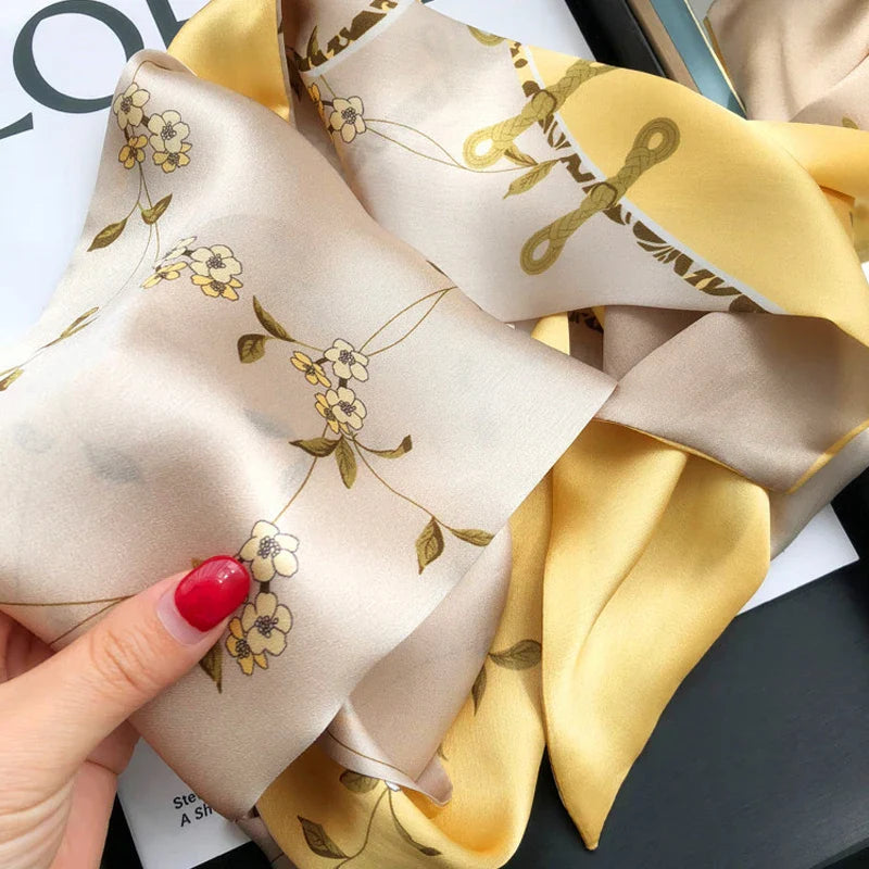 100% Natural Silk Scarf Women Printed Real Silk Long Ribbon Decoration Neckerchief Ladies Bandana Hair Scarf Femme Headscarf