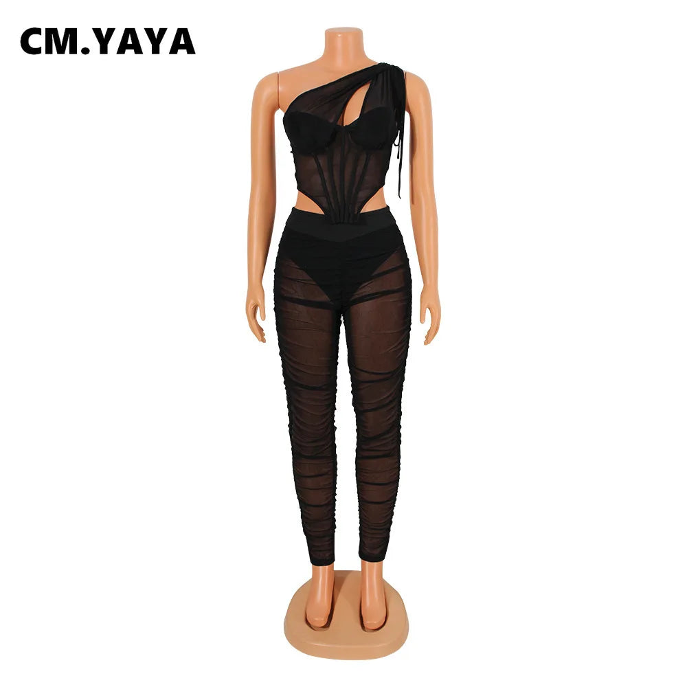 Mesh See Though Women's Set One Shoulder Sleeveless Crop Top and Stacked Pants Suit 2023 Two 2Piece Set Outfit Tracksuit