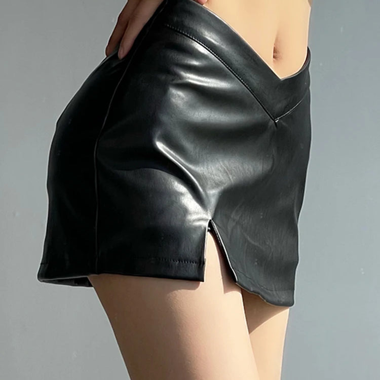 Lautaro Black Soft Stretchy Lightweight Pu Leather Mini Skirt Women with Slit Low V Waist Sexy Short Summer Luxury Chic Clothes