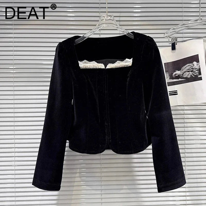 Winter New Fashion Lace Edge Square Collar Waist Design Velvet Short Coat For Women Elegant High Waist Jacket 11A07962