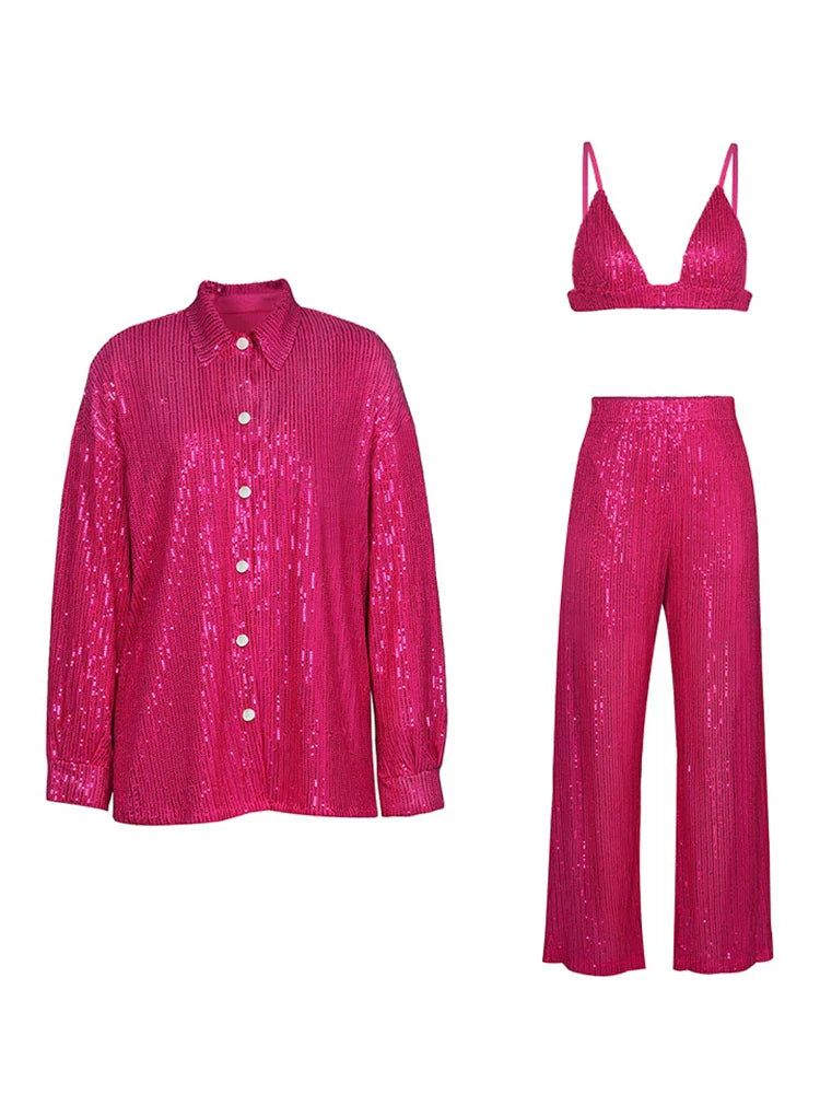 Tossy Sparkly Two-piece Set Party Outfits For Womens Sequin Top Blouse Shirt And Pants Suit Female Luxury Evening Tracksuit New Barbie suit