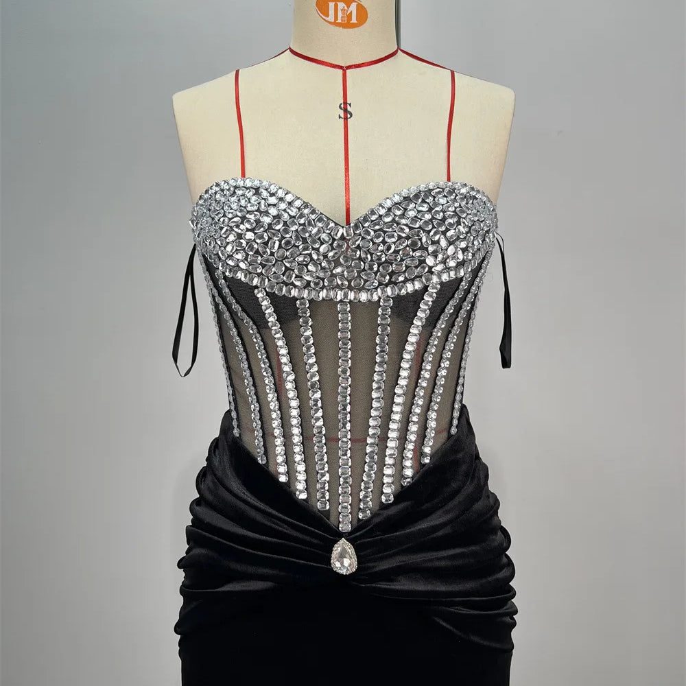 New Luxury Diamonds Sexy Mesh See Through Black Velvet Strapless Floor Length Dress Celebrity Party Dress Birthday Vestido