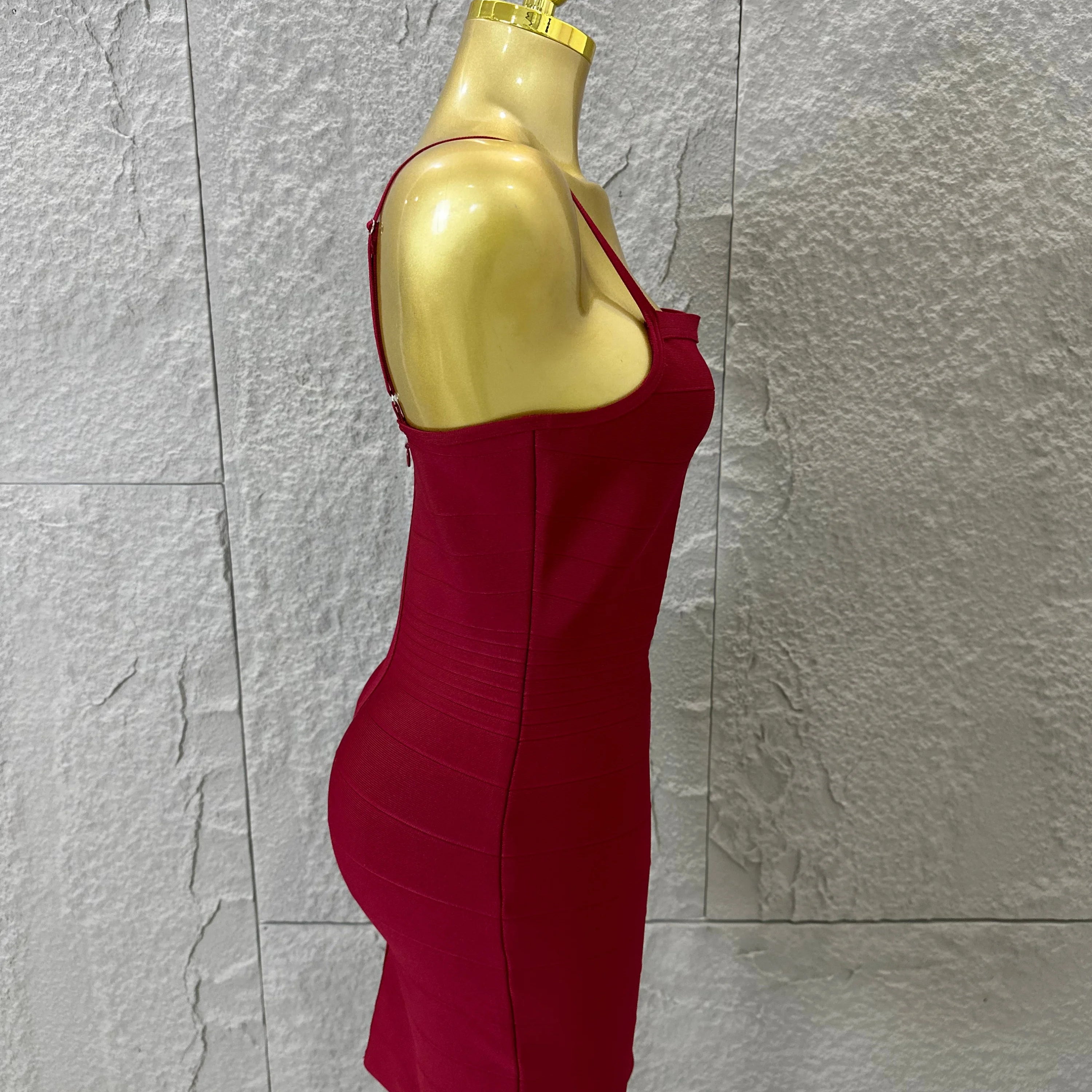 Chic Burgundy Bandage Mini Dress Women Spaghetti Strap Square Neck Bodycon Formal Event Casual Wear Costume