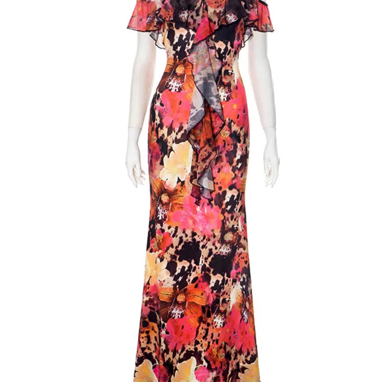 Spaghetti Strap Floral Print Sexy Maxi Dress Women Gown Fashion Off-shoulder Strapless Sleeveless Printed Long Dress