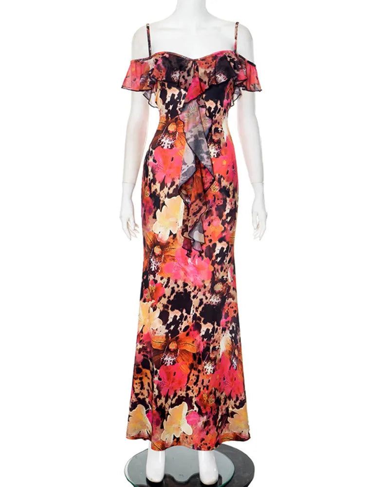 Spaghetti Strap Floral Print Sexy Maxi Dress Women Gown Fashion Off-shoulder Strapless Sleeveless Printed Long Dress