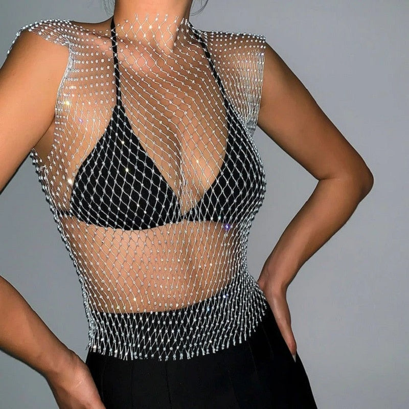 Women's Fishnet Rhinestone Crop Top 2024 Summer Sexy Mesh High Elastic Black White Shirt Net See Through Rave Diamond Tank Top