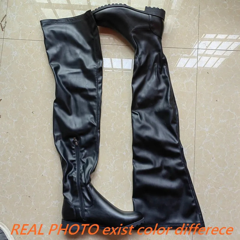 SIMLOVEYO New Winter Autumn Over Knee Boots 3.5cm Square Heel Zip Round Toe Leather Thigh High Fashion Big Size 45 46 47 48 US17
