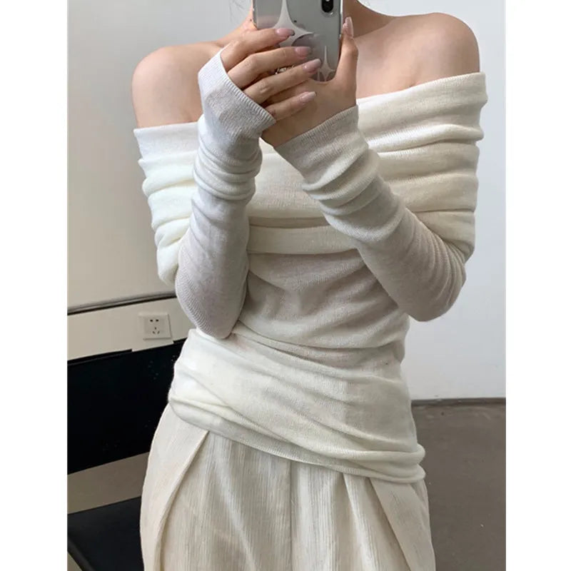 Women Off Shoulder Slash Neck Sweater Long Sleeve Knitwear Solid Thin Pullovers Office Lady Elegant Tops Women Fall Winter