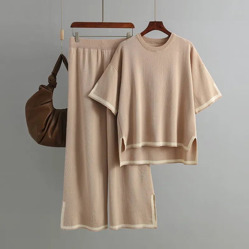 WAYOFLOVE Spring Autumn Knitted Sweater Women Two Pieces Sets O-Neck Loose Pullovers Sweater Tops & Wide-Leg Pants Knitwear Suit KHAKI One Size