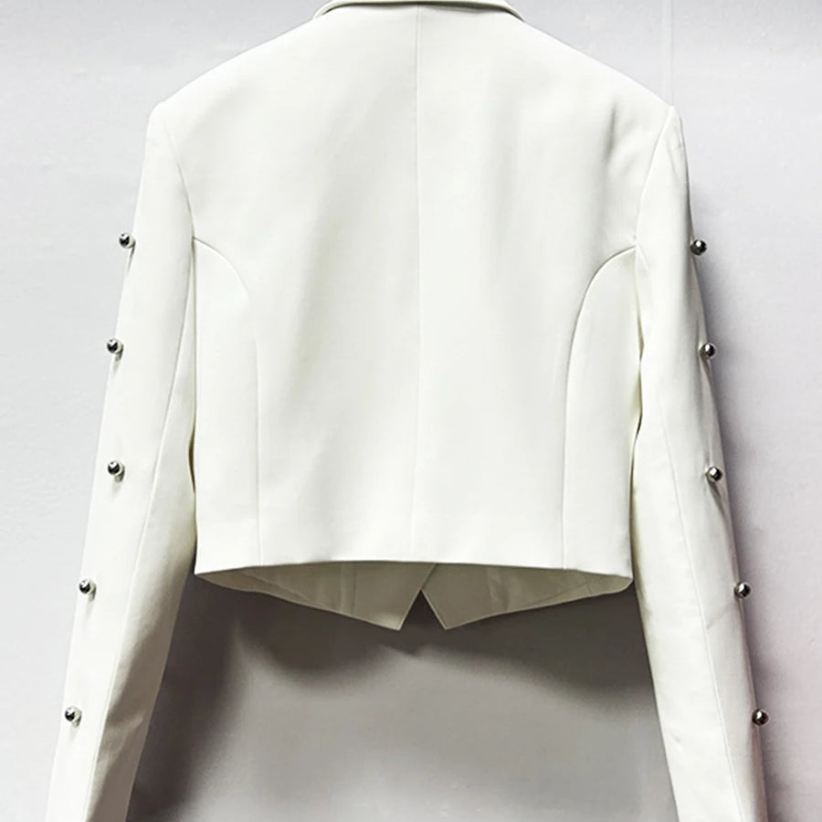 Solid Slimming Spliced Bead Fashion Short Jackets for Women Lapel Long Sleeves Temperament Jacket Female Clothing