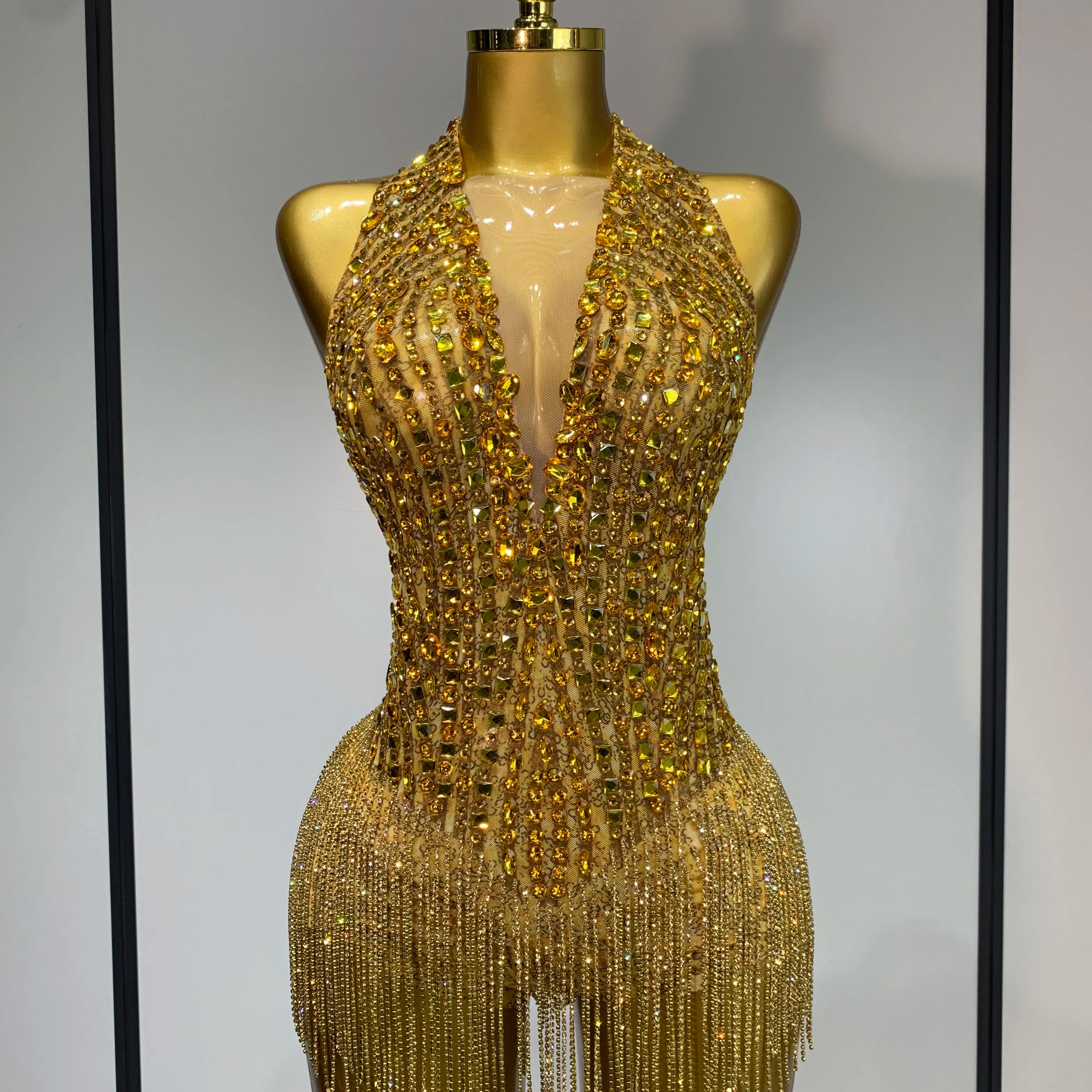 Women Sexy See Through Stretch Bodysuits Birthday Dancer Performance Wear Mesh Luxury Rhinestone Nightclub Hotwife Outfit Gold