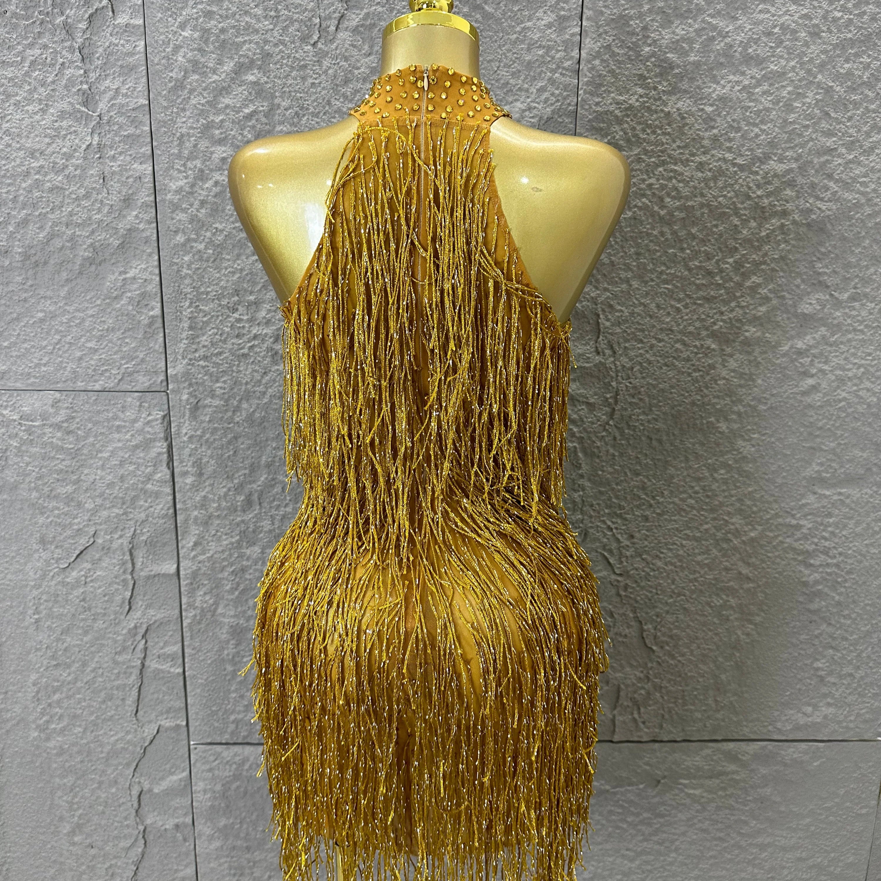 Luxury Gold Halter Neck Mini Dress Women Sexy Crystal Embellished Fringe Trim Form-Fitting Outfit Formal Event Party Costume