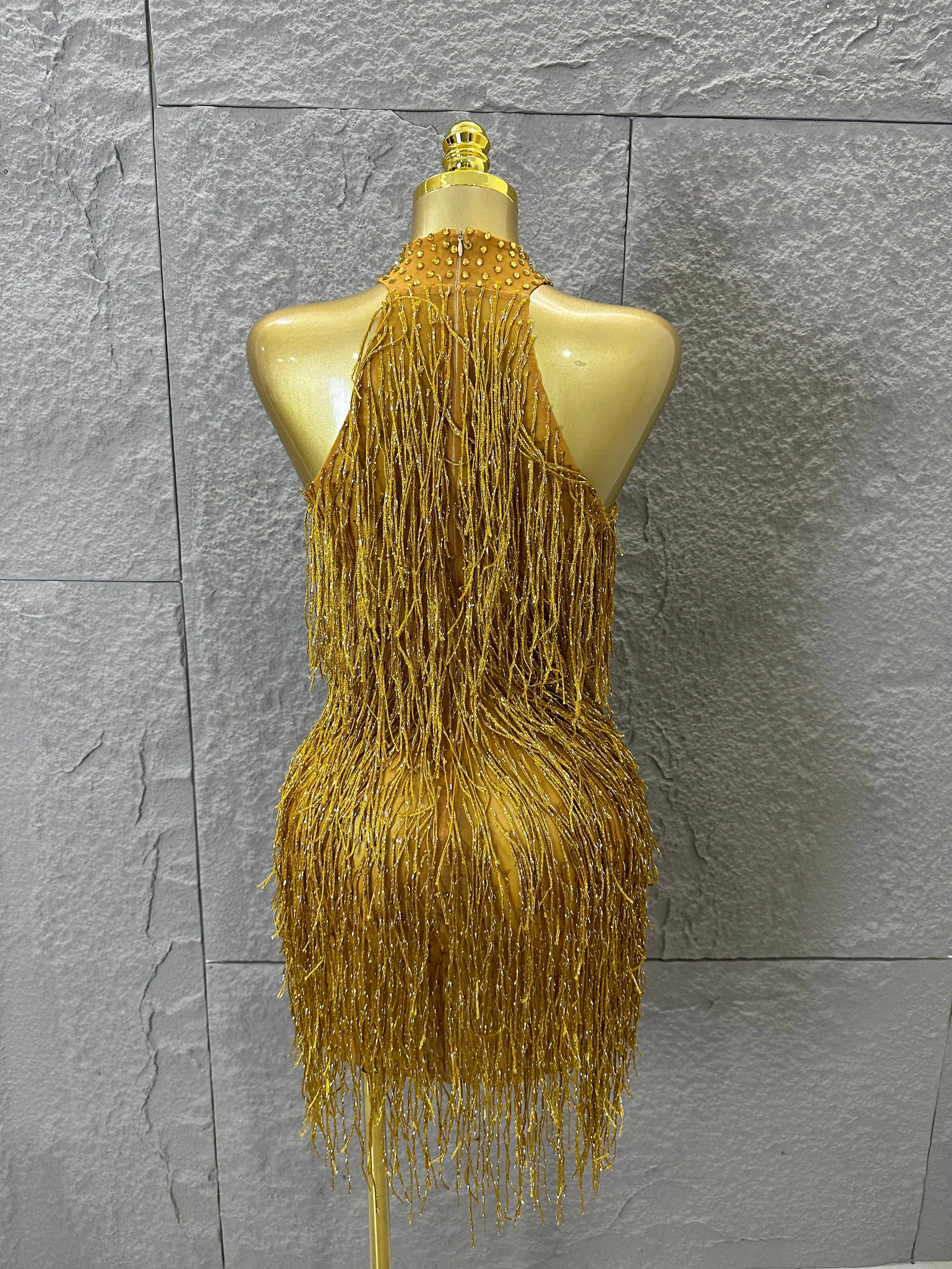 Luxury Gold Halter Neck Mini Dress Women Sexy Crystal Embellished Fringe Trim Form-Fitting Outfit Formal Event Party Costume